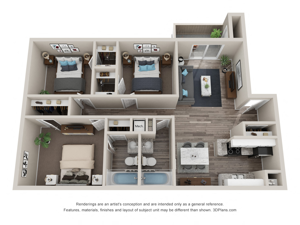 Floor plan for 3 beds, 2 baths, 1017 sqft